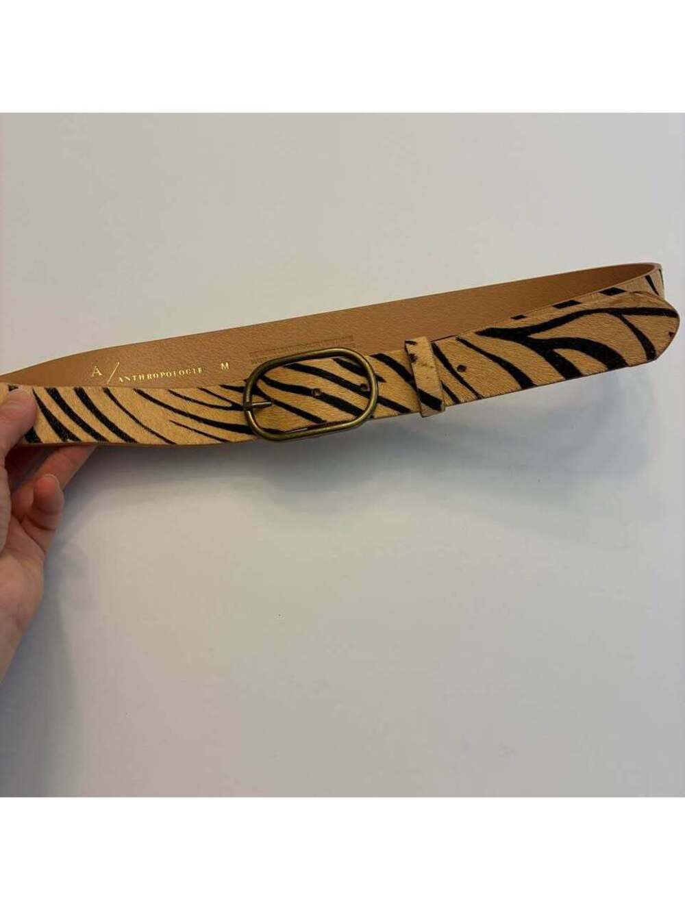 Anthropologie Zebra Print Calf Hair Leather Belt Medium Animal Print Brass M
